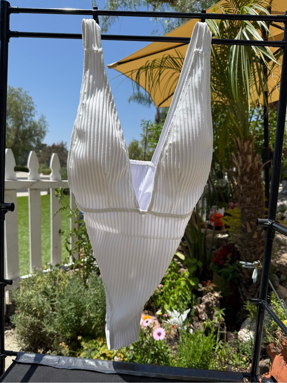 White Ribbed Deep Plunge One Piece Swimsuit